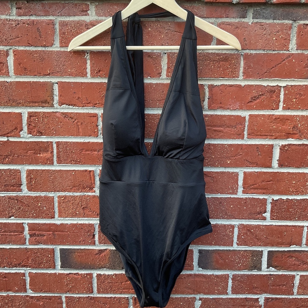 Cupshe V Neck One Piece Swimsuit Tie Back Stretch Swim Fabric Black Women XXL